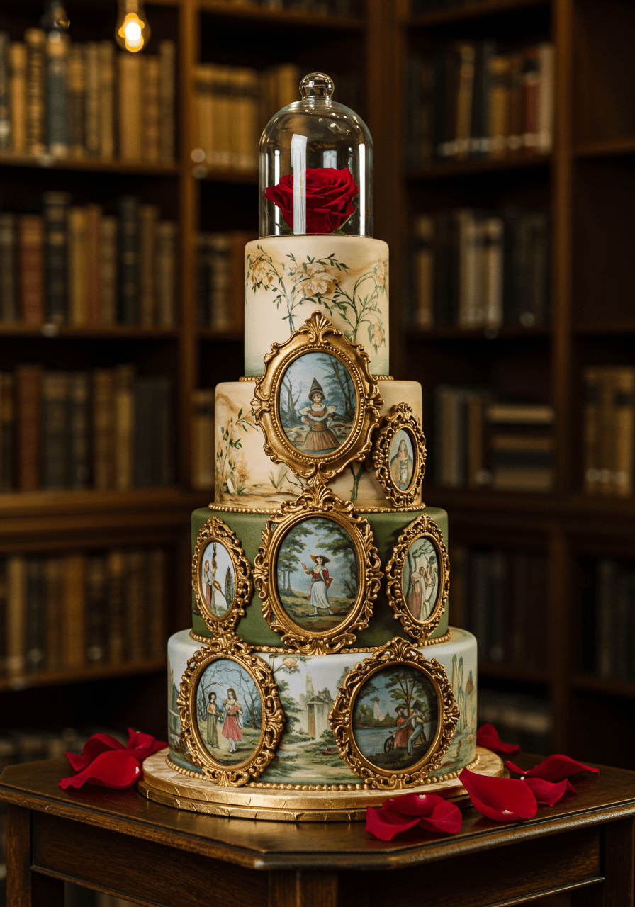 Wedding cake with hand-painted storybook scenes in golden frames and single red rose under glass cloche