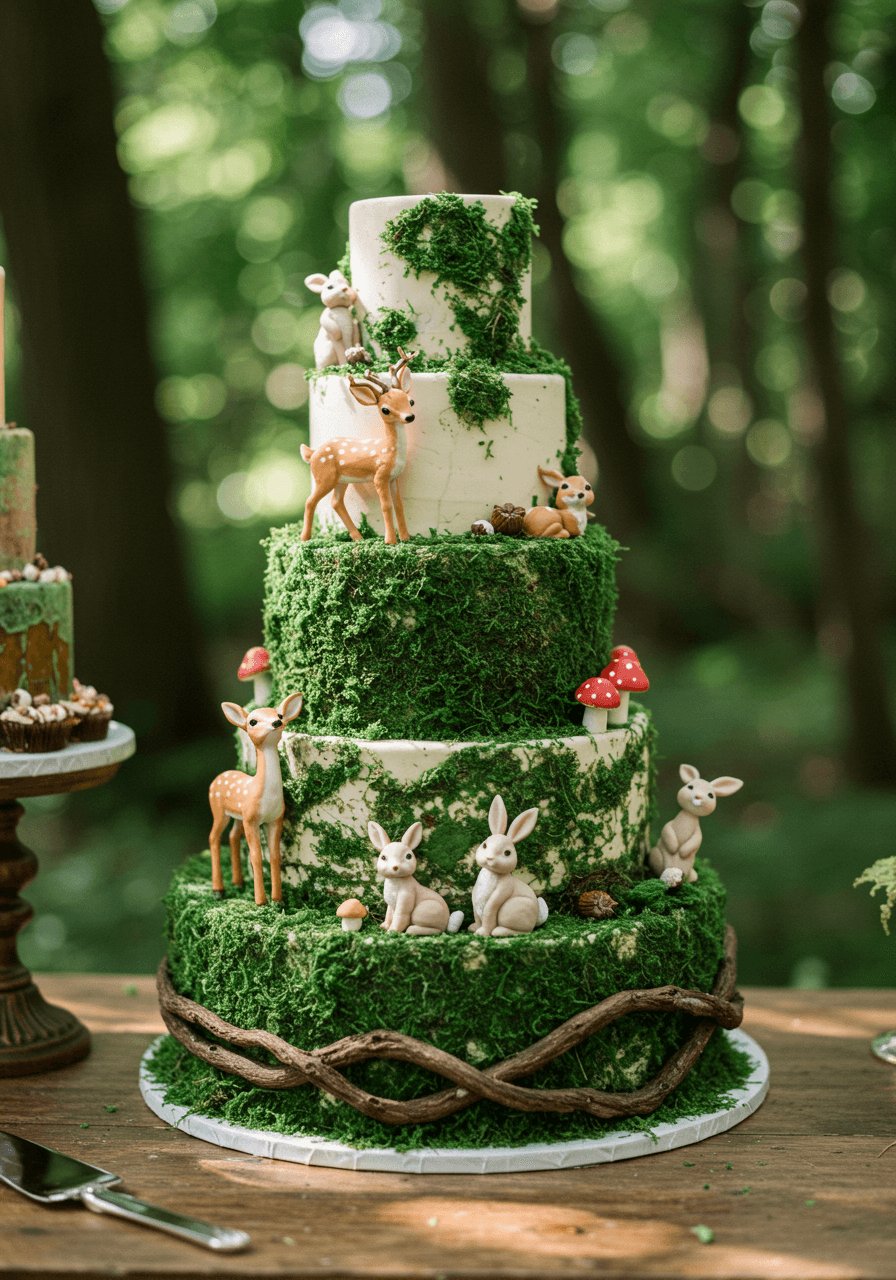 Close-up detail showing cascading sugar moss, miniature fondant toadstools, and woodland animal figurines