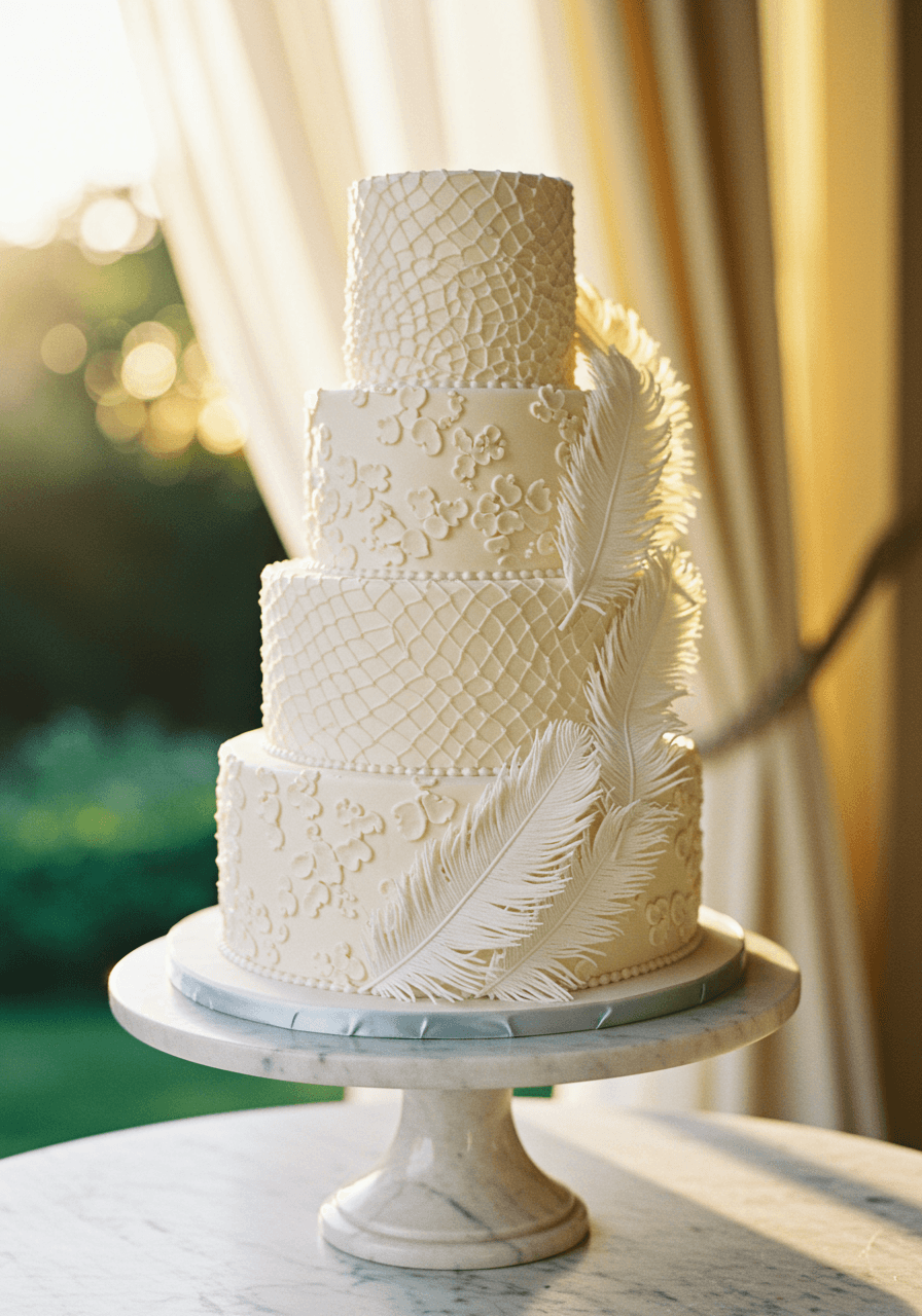 Towering three-tier wedding cake with intricate white royal icing netting patterns and delicate sugar feathers