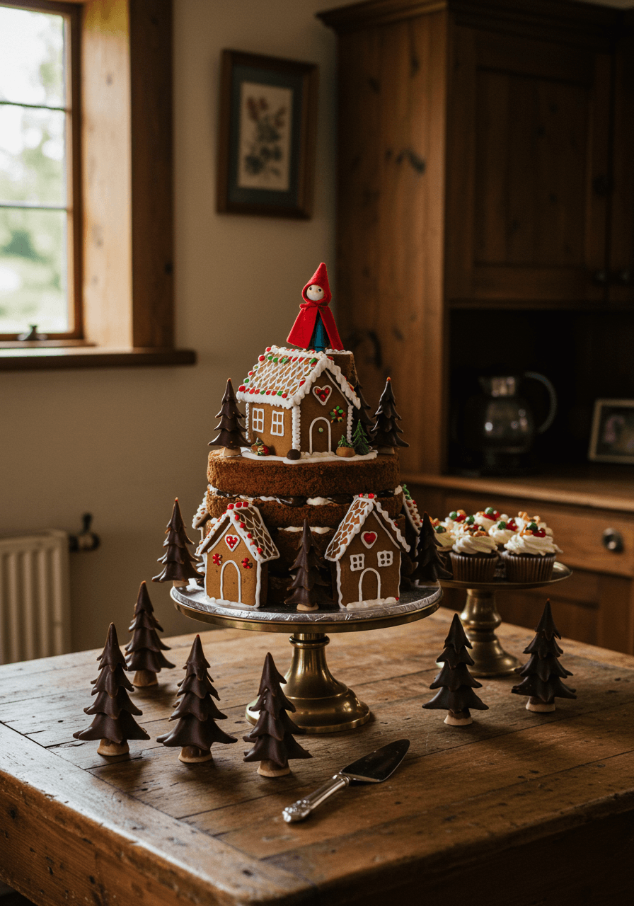 Close-up shot of gingerbread house decorations and red cape details on chocolate wedding cake