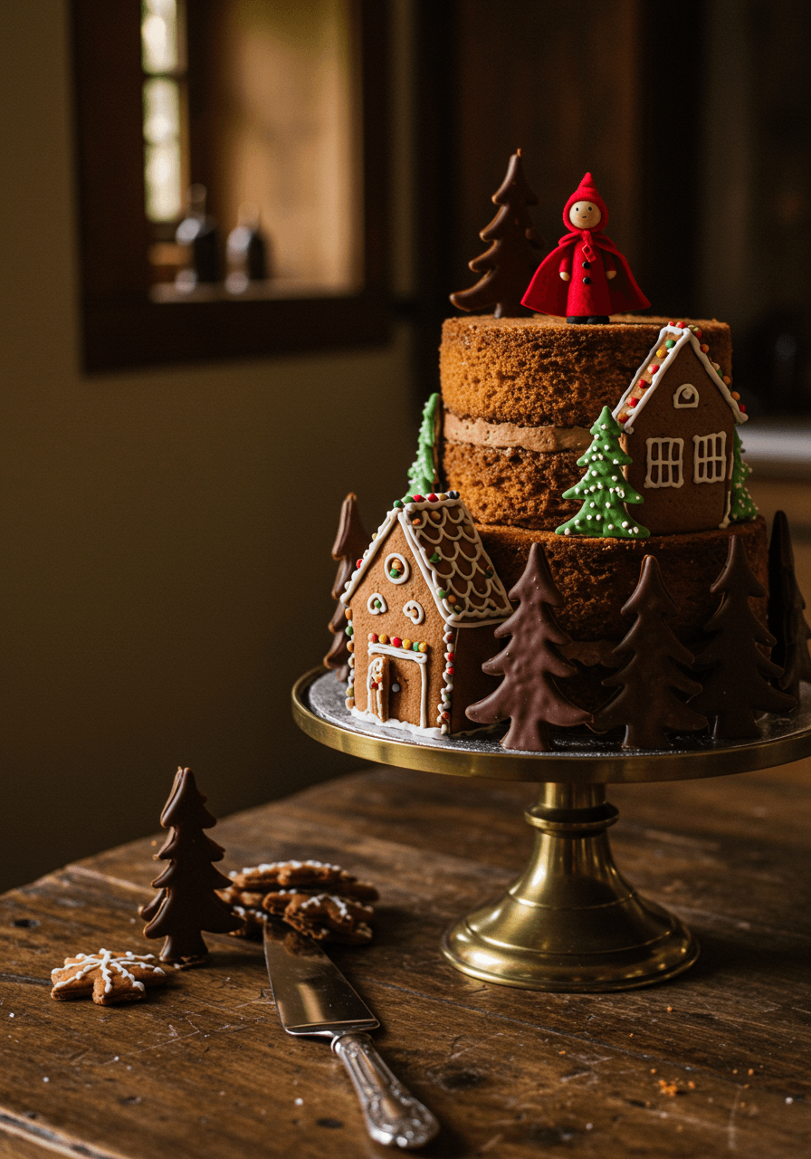 Detailed wedding cake with miniature gingerbread house elements and small red hooded figure topper
