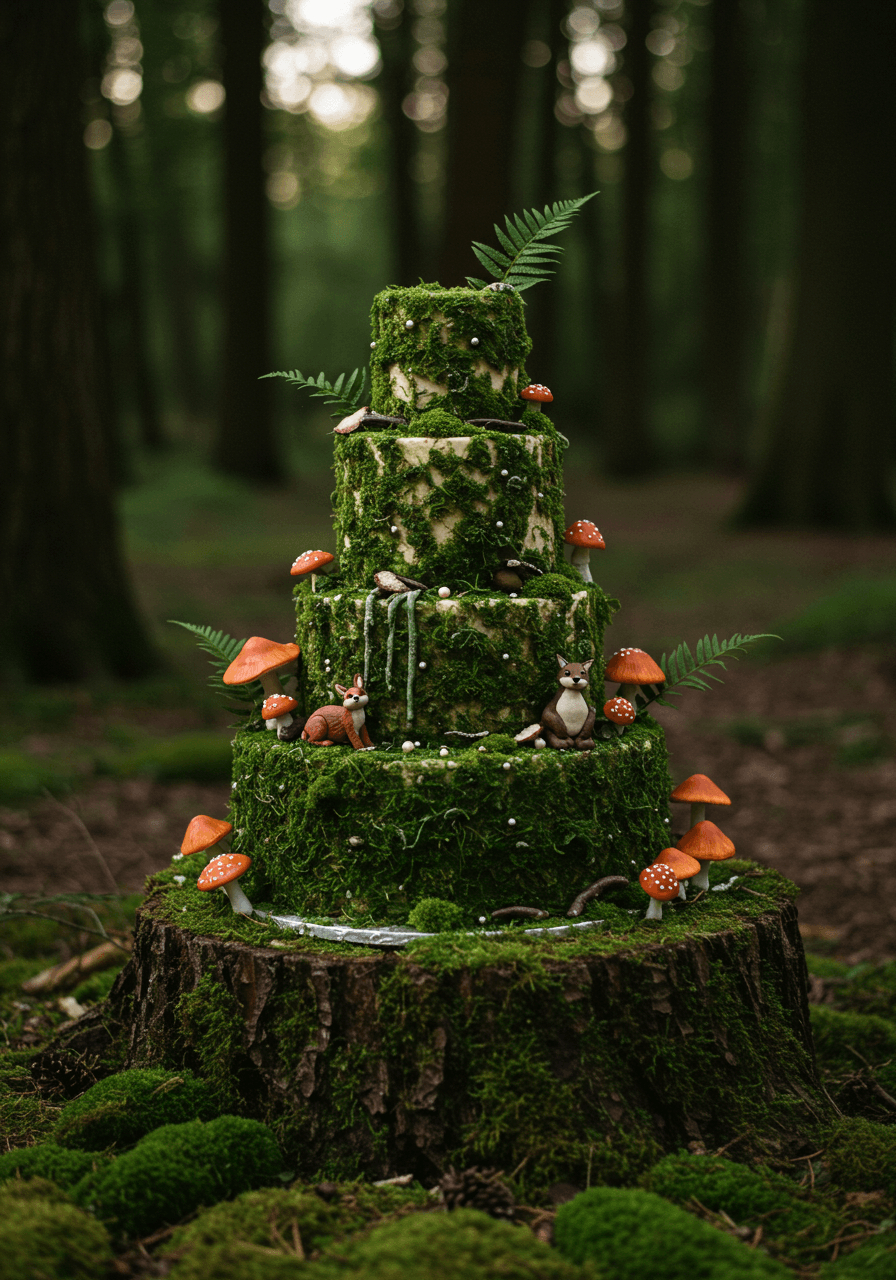 Detailed shot of moss textures and woodland creature decorations with ethereal backlighting