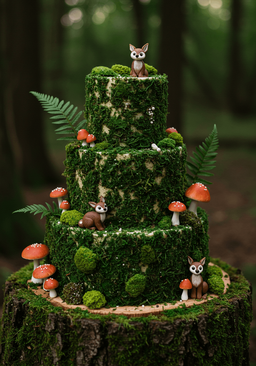 Elaborate three-tier wedding cake with cascading sugar moss and miniature fondant toadstools during twilight