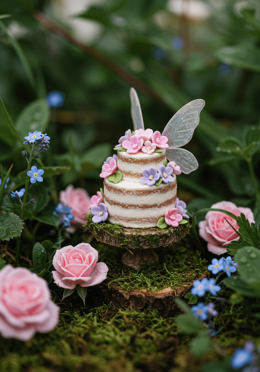 Miniature fairy tale wedding cake adorned with tiny sugar flowers and delicate edible fairy wings