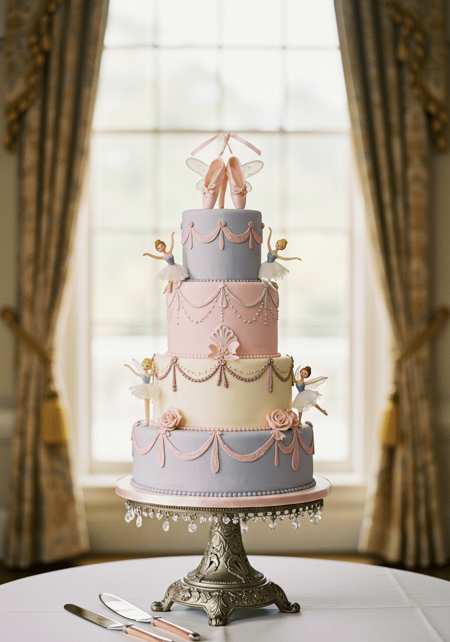 Three-tiered wedding cake inspired by The Nutcracker with sugar plum fairy decorations and ballet slipper toppers