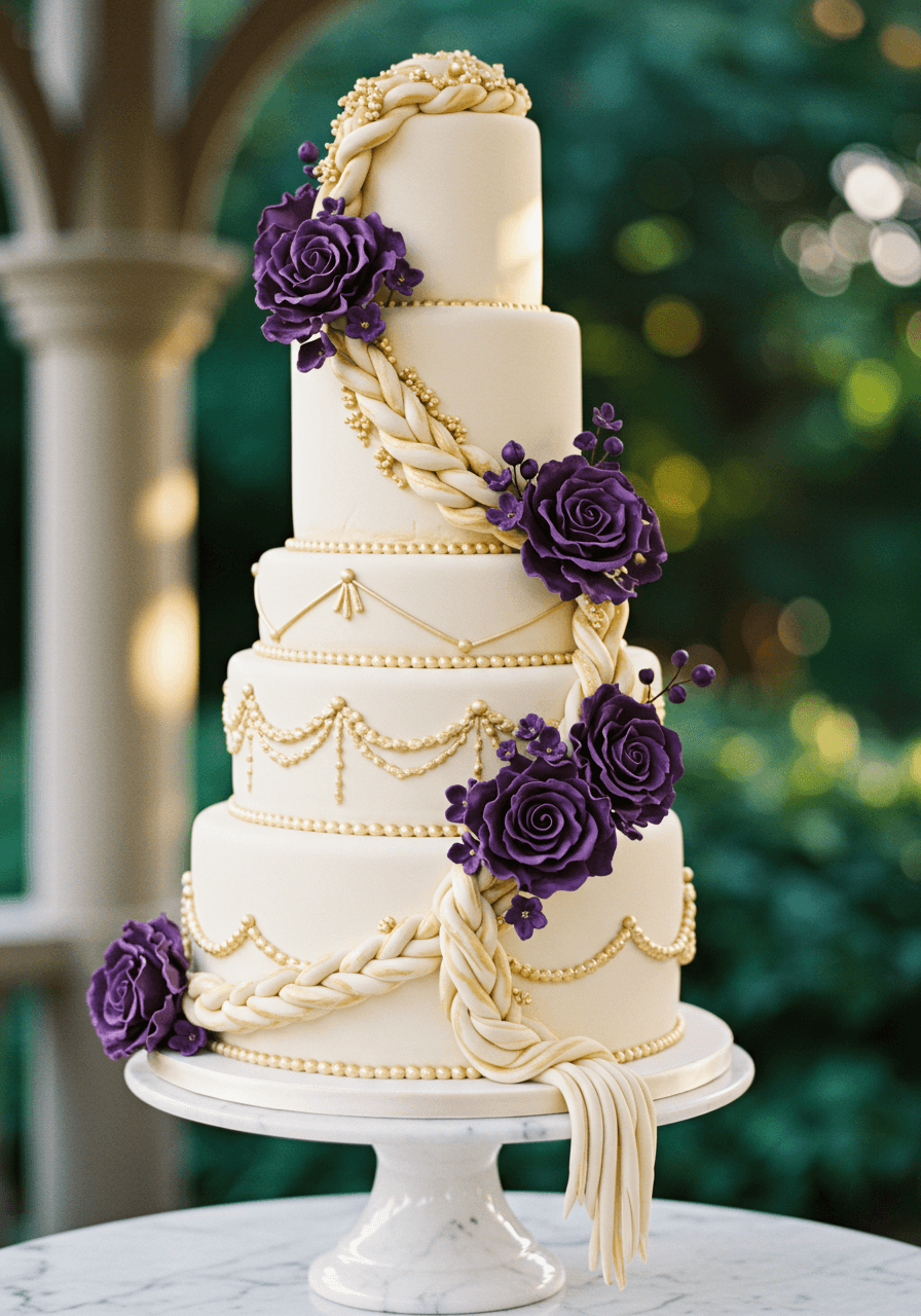 Close-up detail of cascading braided fondant flowing down multi-tiered wedding cake with purple sugar flowers