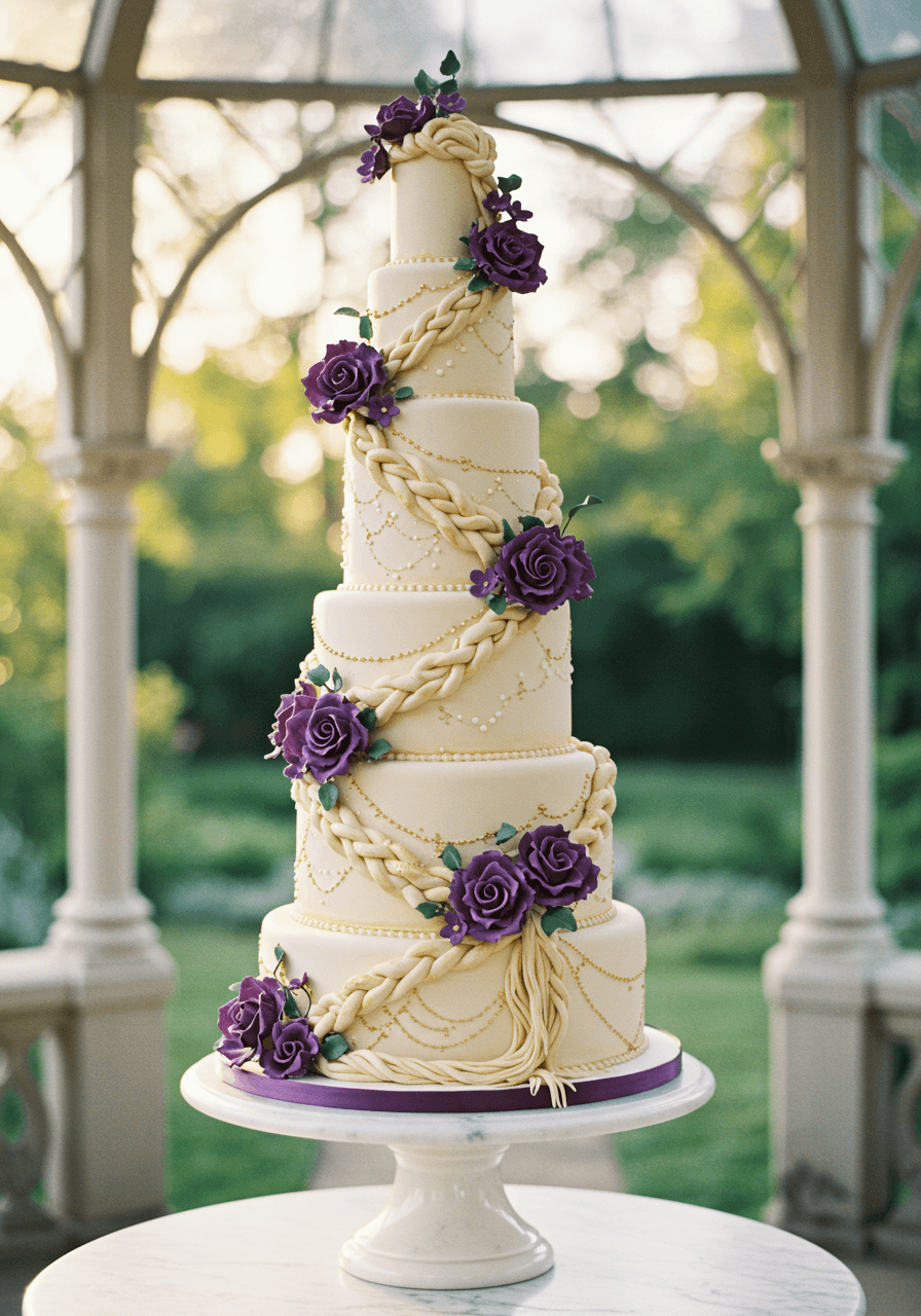 Towering wedding cake designed as Rapunzel's tower with intricately braided fondant and purple sugar flowers