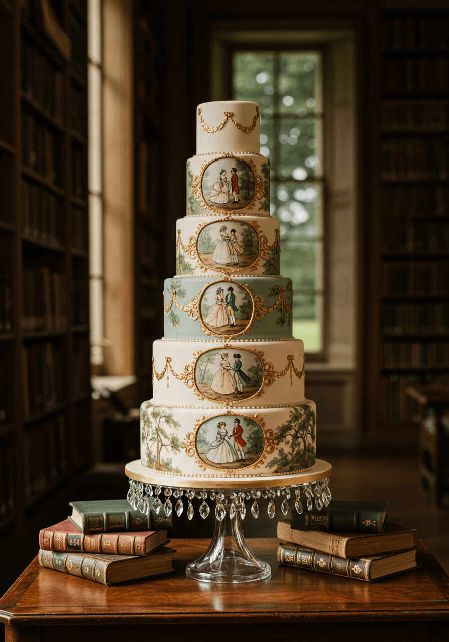 Multi-tiered vintage wedding cake with hand-painted Regency era scenes on ornate mahogany table