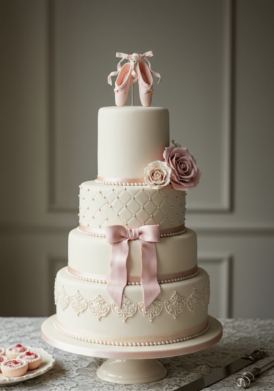 Macro detail shot of sugar plum fairy decorations with pearl-like beads and delicate silk ribbon details