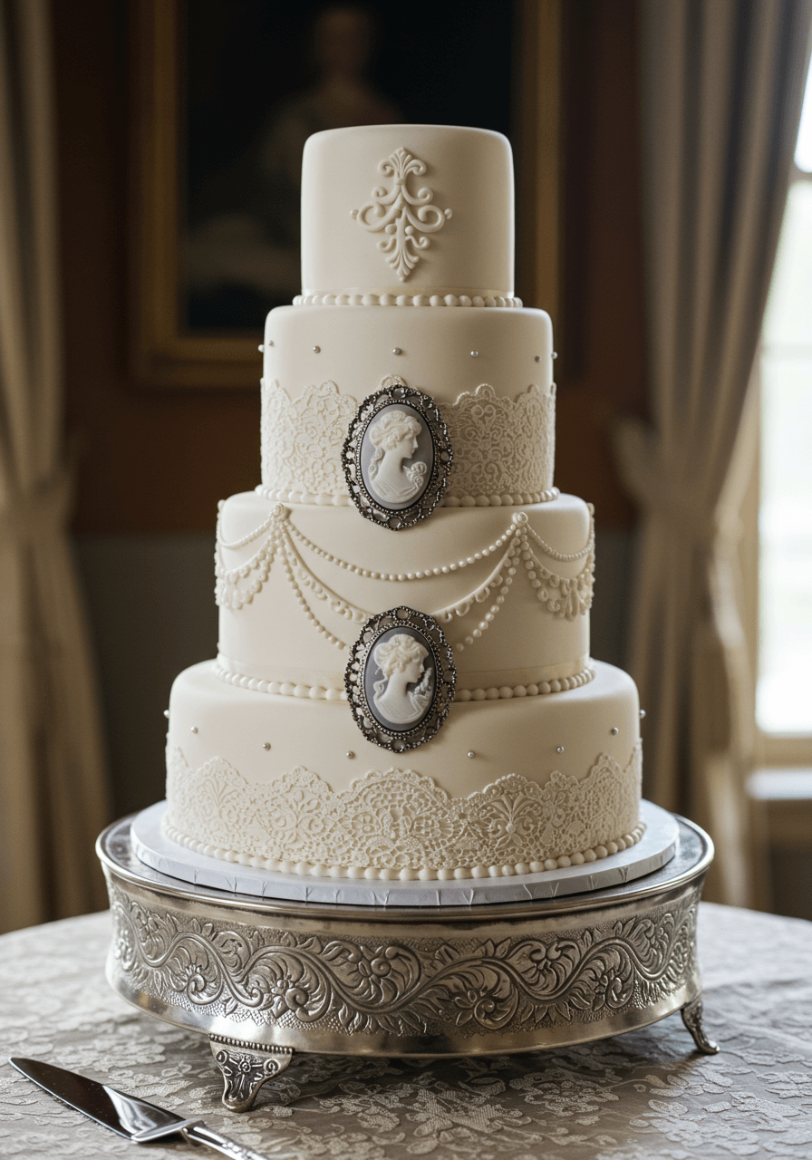 Close-up detail of hand-piped lace borders and miniature fondant cameo brooches with pearl centres