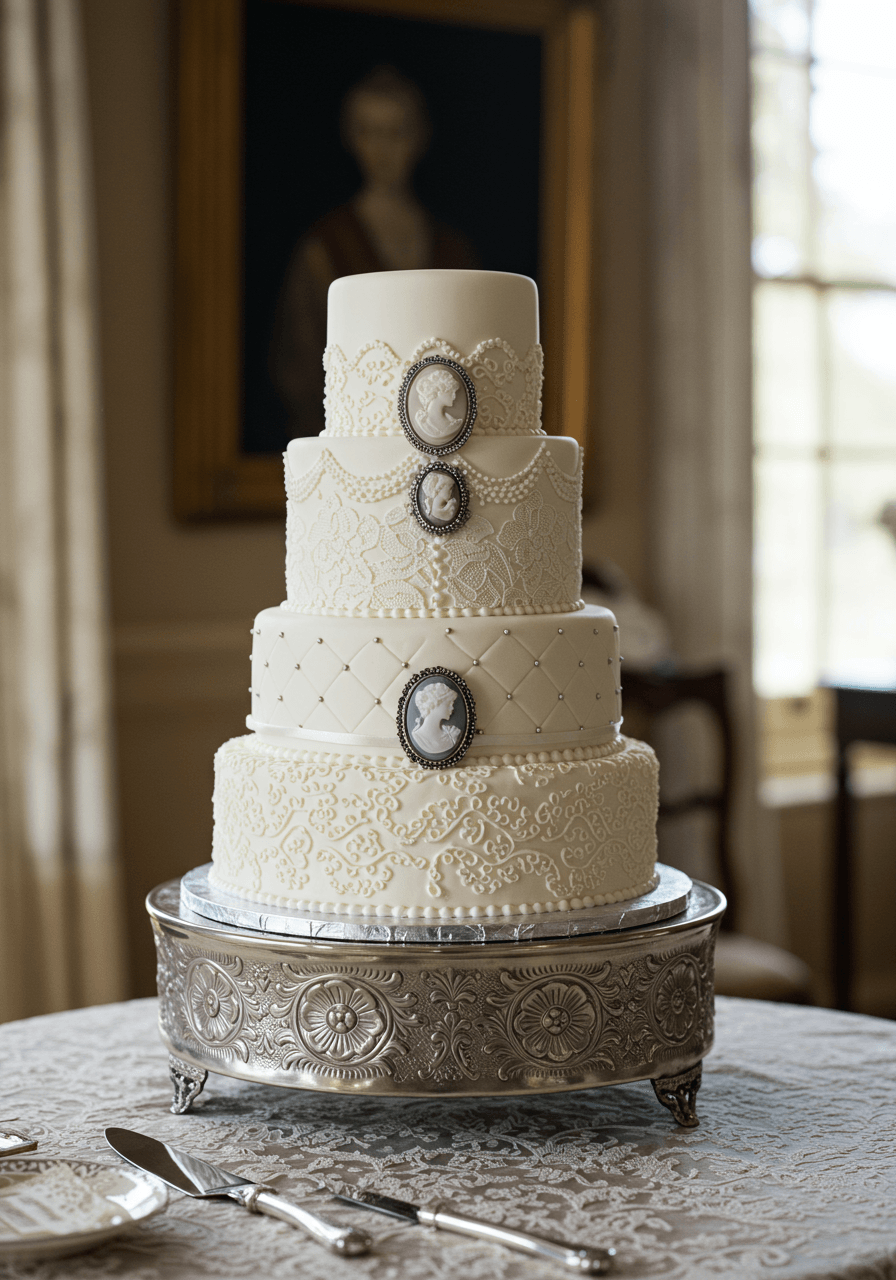 Three-tiered vintage wedding cake with white fondant cameo brooches and intricate lace piping on ornate silver pedestal