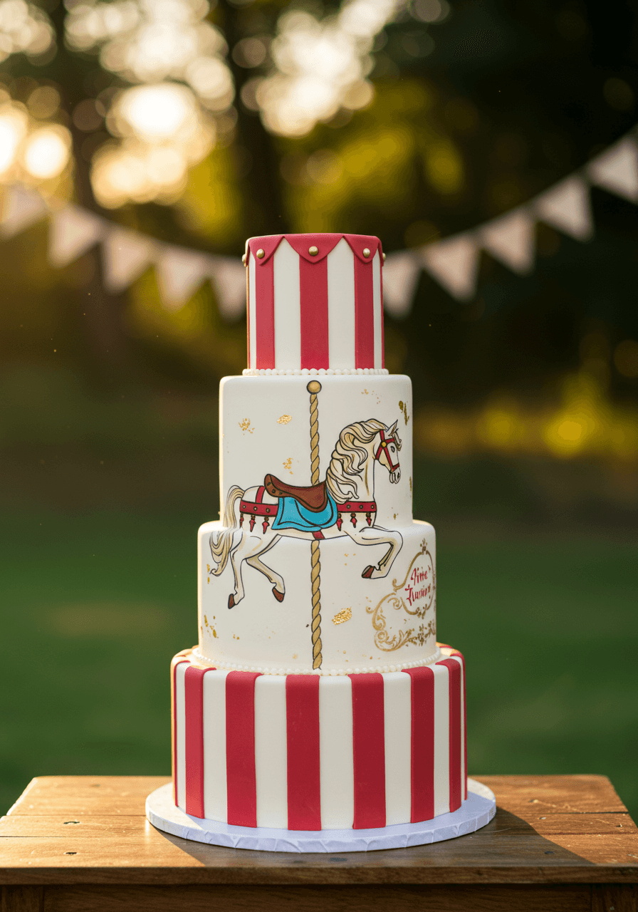 Detailed shot of painted carousel horse and classic red and white circus stripes