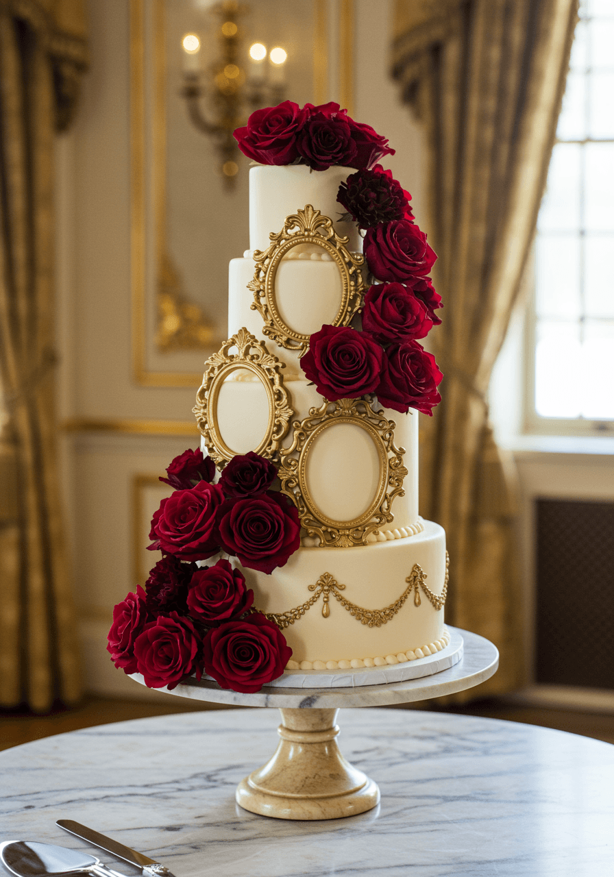 Three-tiered vintage storybook wedding cake with ornate gilded picture frames and fresh red roses