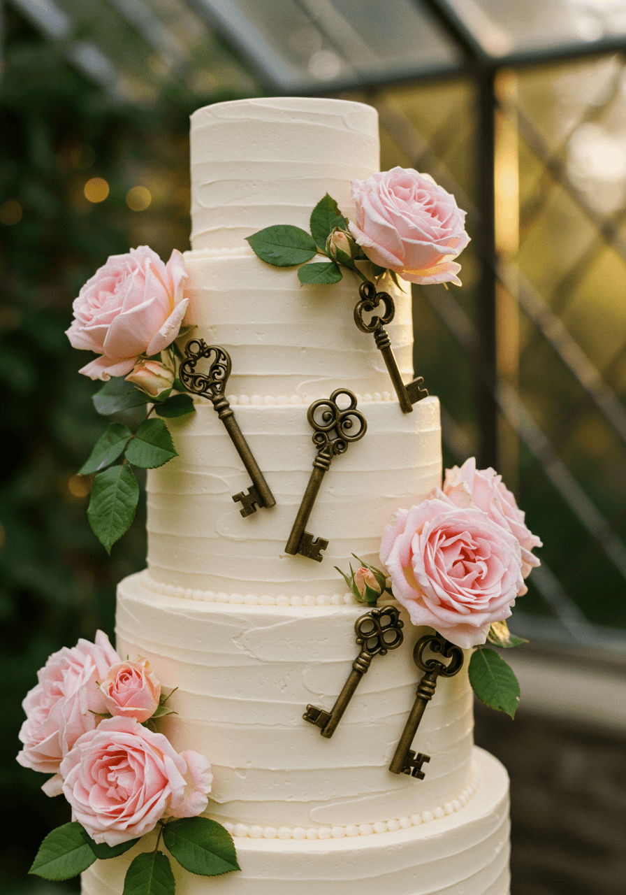 Macro shot of weathered brass keys nestled in sugar roses with golden hour garden lighting