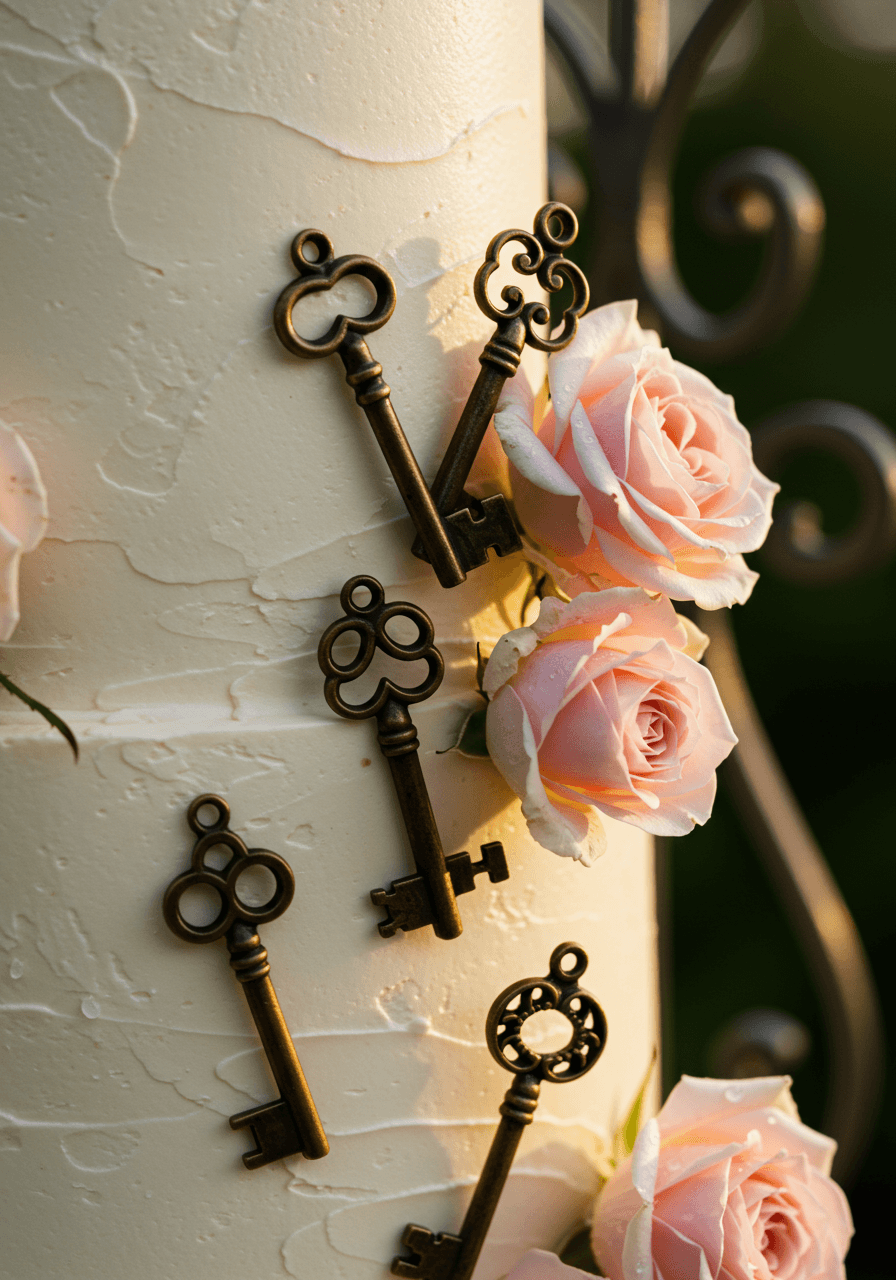 Close-up detail of vintage skeleton keys made from aged brass and copper among pale pink climbing roses with dewdrops