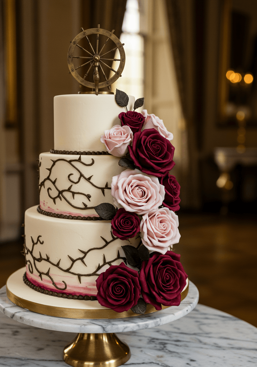 Close-up detail of hand-piped thorny vine buttercream work and cascading sugar briar roses with vintage brass spinning wheel