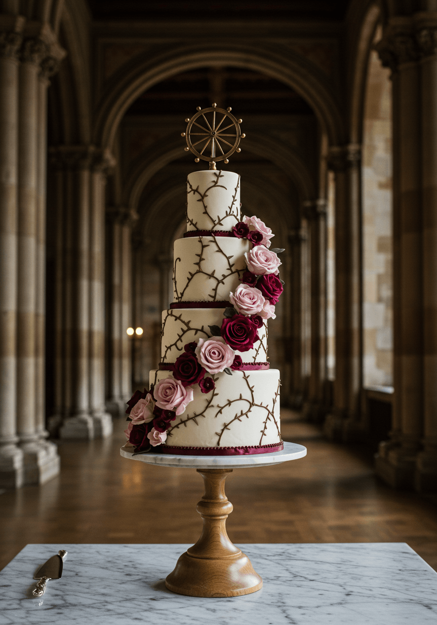 Detailed shot featuring burgundy and blush pink roses with antique brass spinning wheel topper