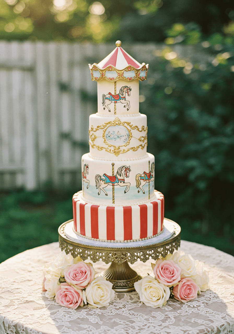 Three-tiered vintage storybook wedding cake with hand-painted carousel horses and red and white striped detailing