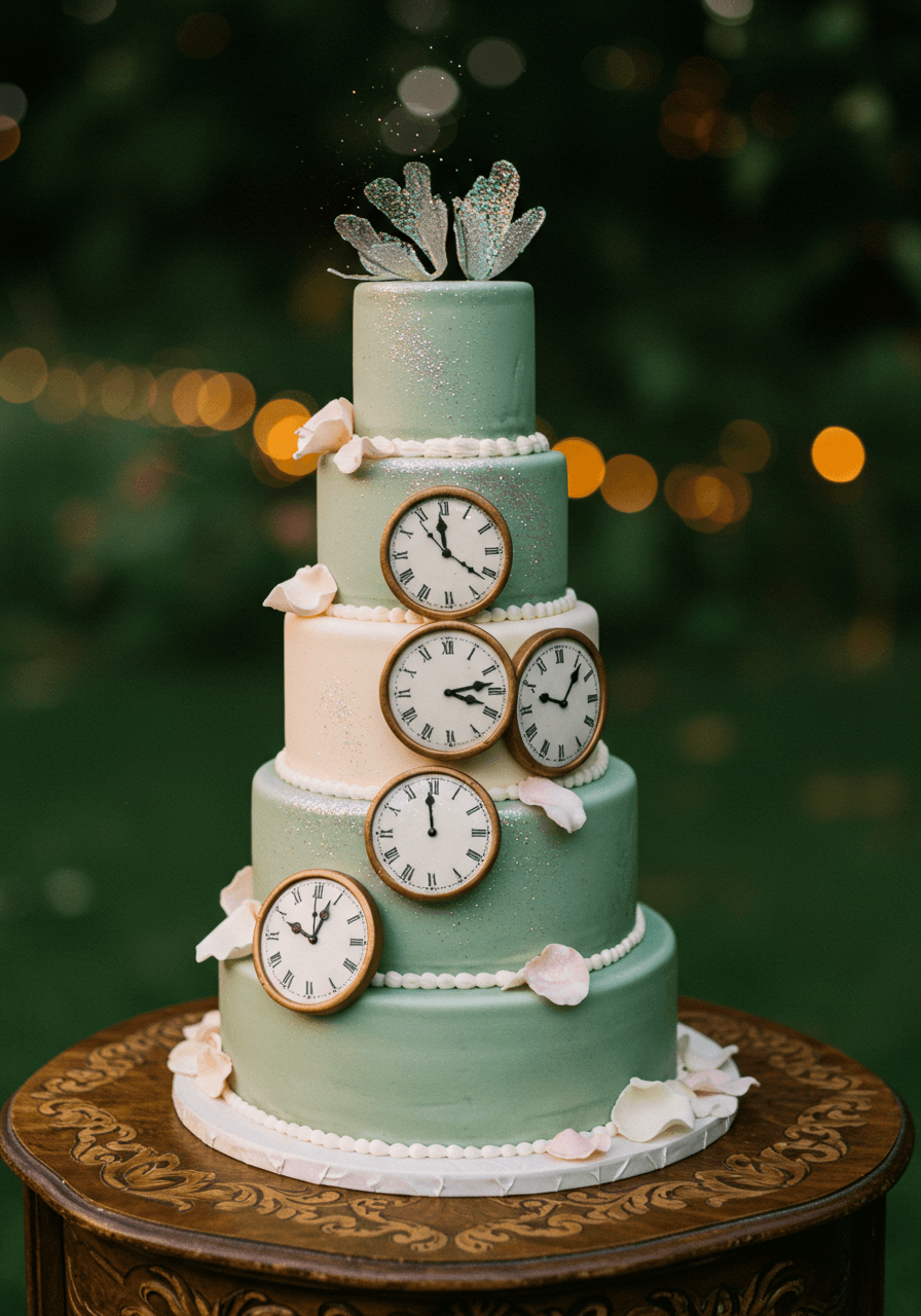 Close-up detail of ornate fondant clock gears and Roman numerals with delicate sugar work pixie dust effects