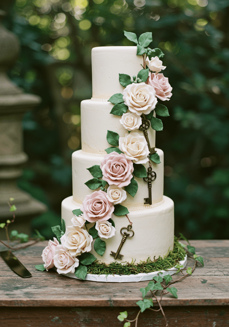 Close-up detail of vintage skeleton keys made from aged brass nestled among pale pink climbing roses
