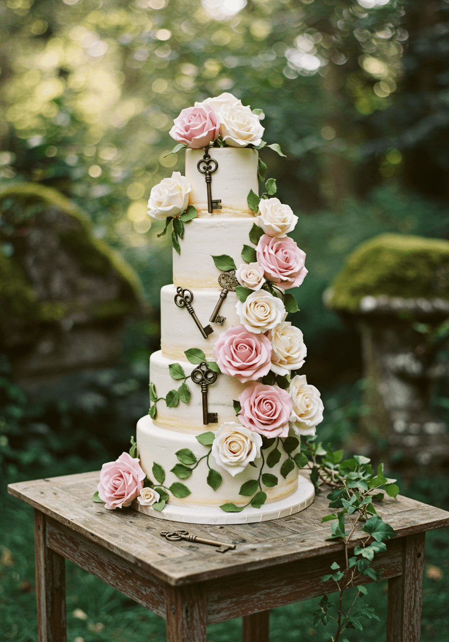 Three-tiered vintage storybook wedding cake with cascading sugar climbing roses and antique brass keys