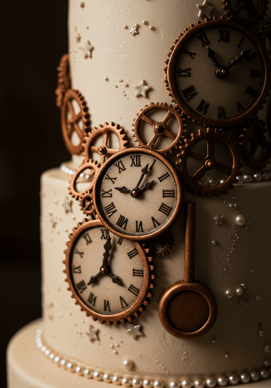 Close-up detail of ornate fondant clock gears and Roman numerals with tiny edible stars
