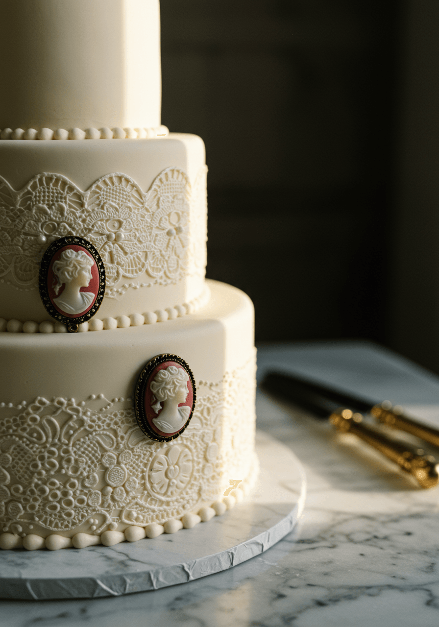 Close-up detail of hand-piped delicate lace borders and miniature fondant cameo brooches with pearl centres