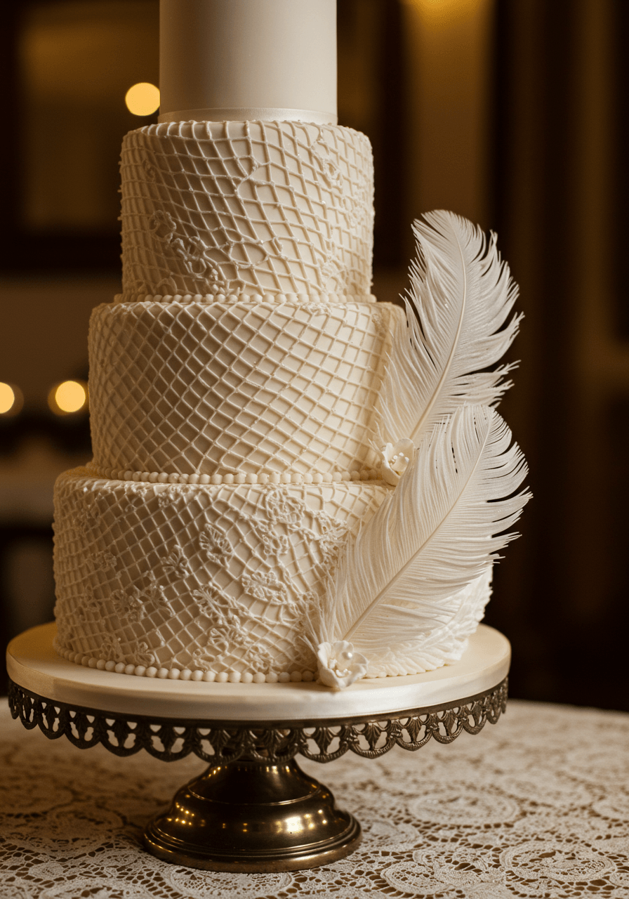 Multi-tiered vintage wedding cake with delicate white fondant netting patterns and elegant sugar swan feathers