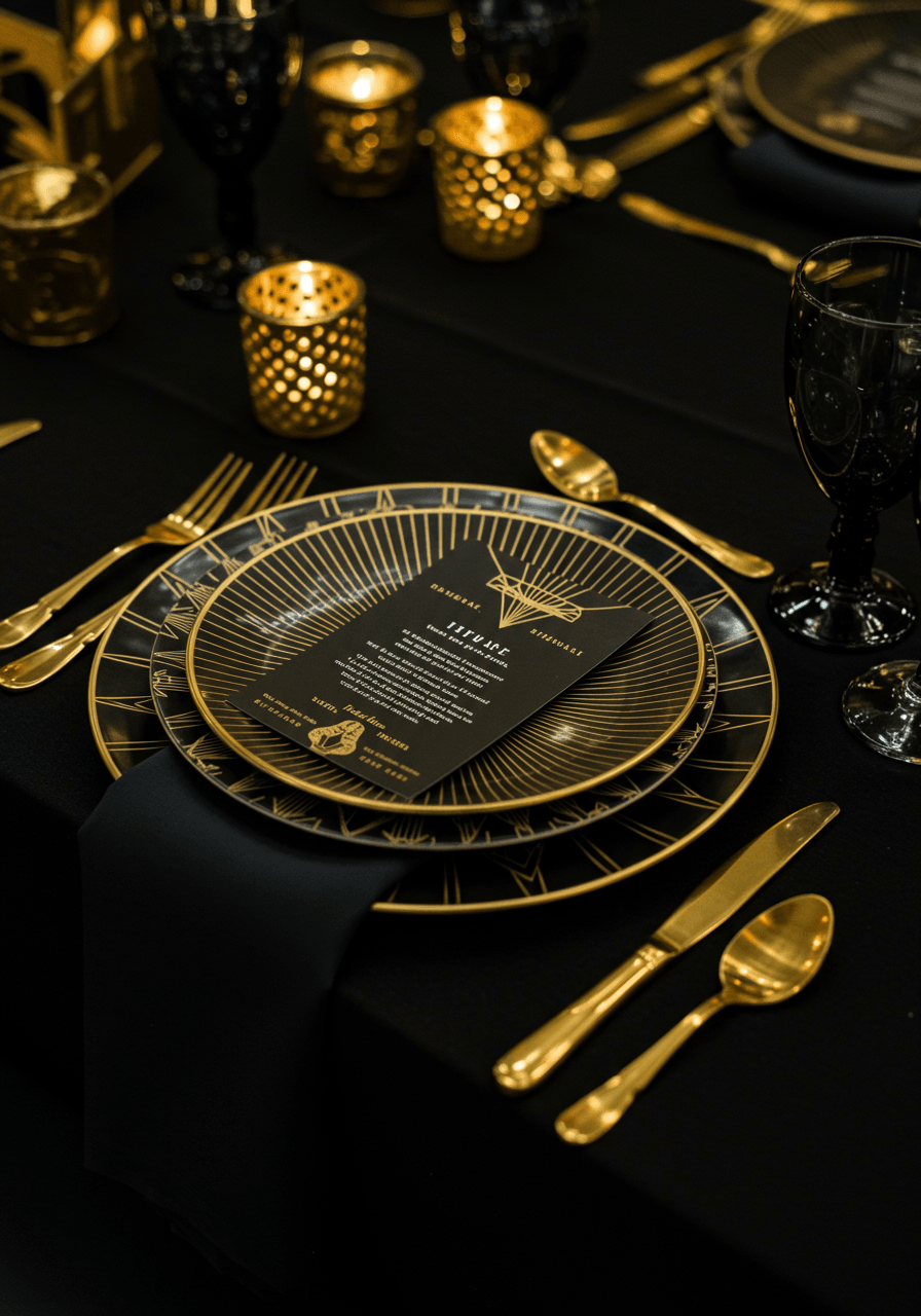 Close-up of Art Deco inspired black and gold geometric patterned wedding plates with gold cutlery on black table runner