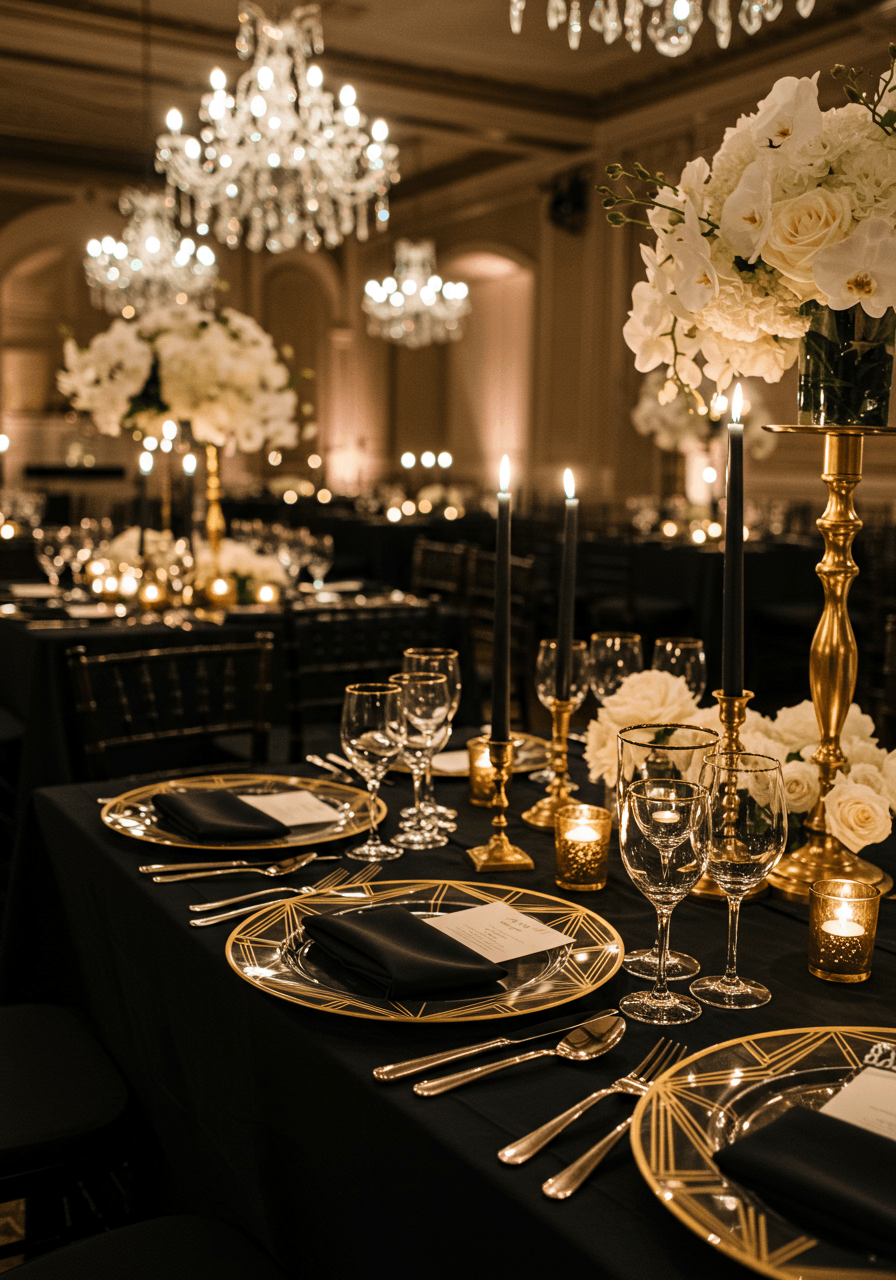 Elegant Art Deco wedding tablescape with black tablecloth and gold geometric charger plates in luxurious ballroom with crystal chandeliers