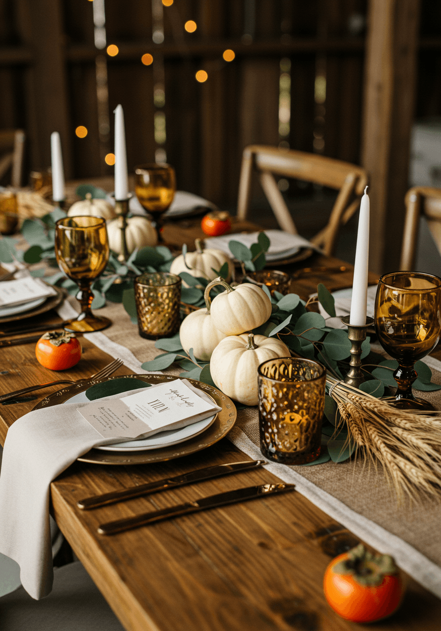 Intimate autumn wedding table with mini white pumpkins, eucalyptus branches, and amber glass votives in rustic barn