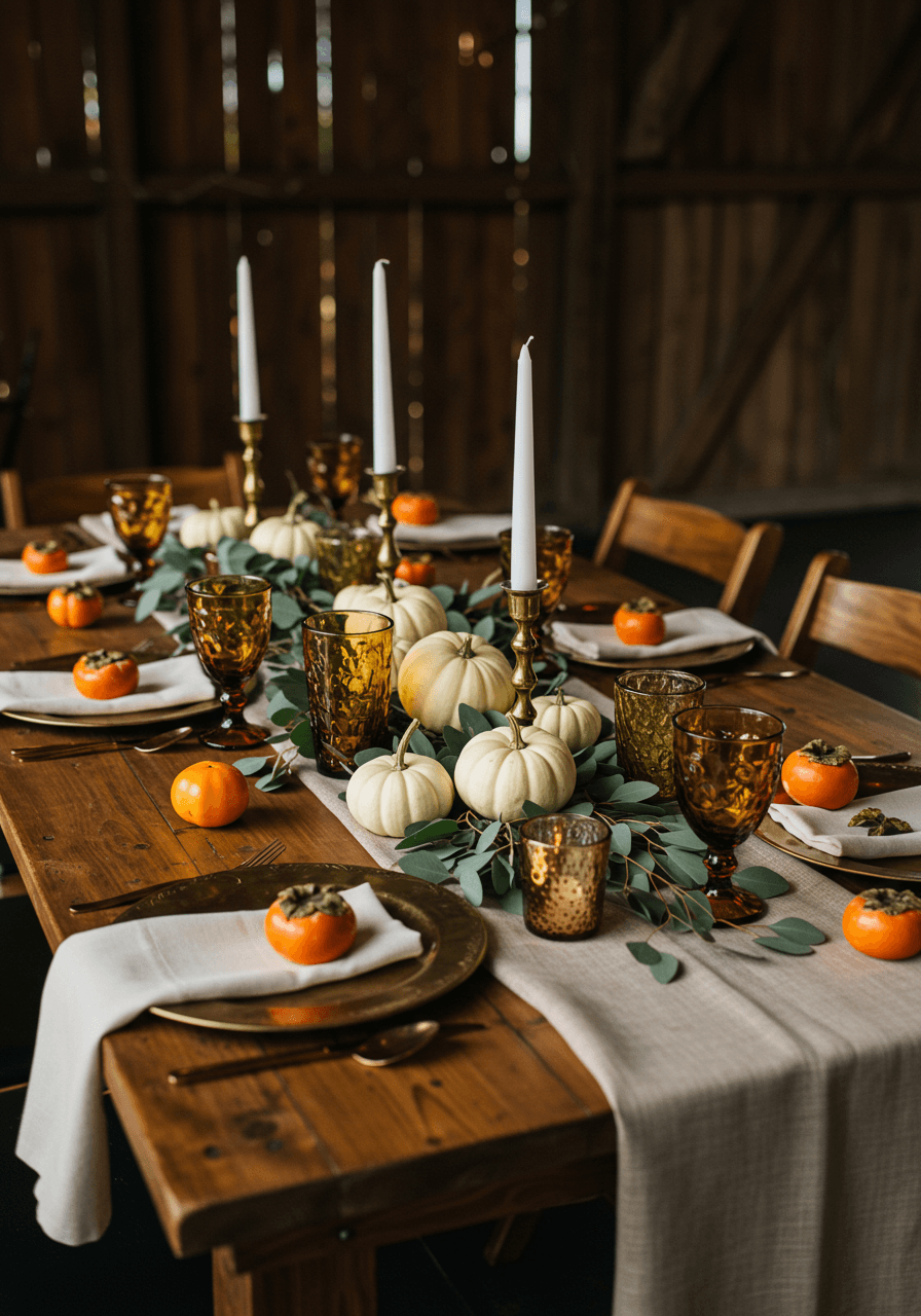 Wide view of autumn barn wedding table setting with copper flatware, dried wheat bundles, and scattered persimmons