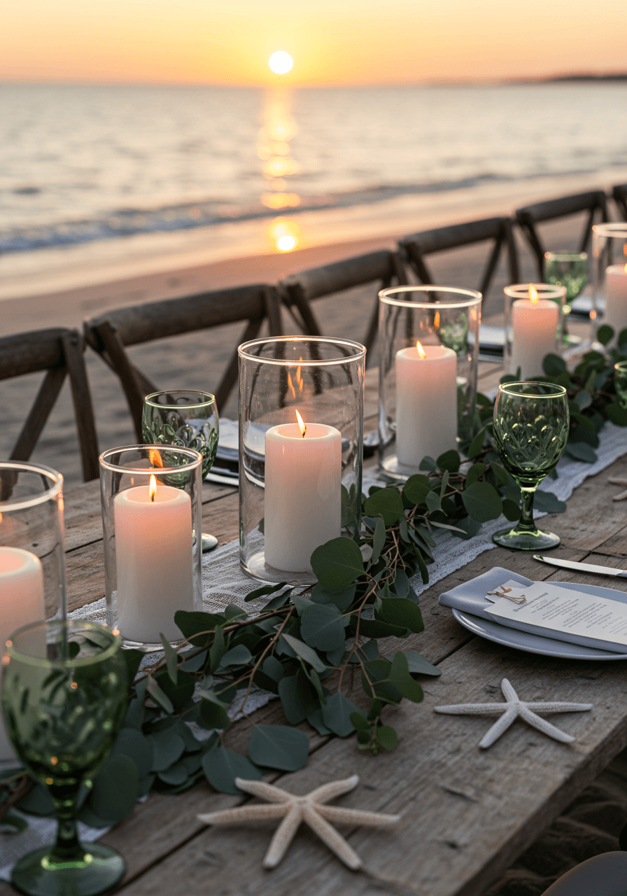 Elegant beach wedding dining setup with eucalyptus garlands and hurricane candles on weathered wood tables at sunset
