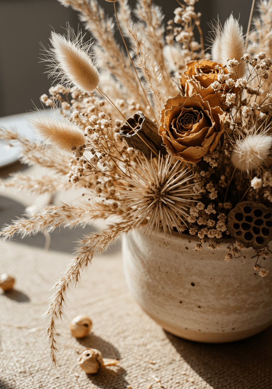 Close-up detail of dried flowers including bunny tails, dried roses, and preserved baby's breath in ceramic bowl centerpiece