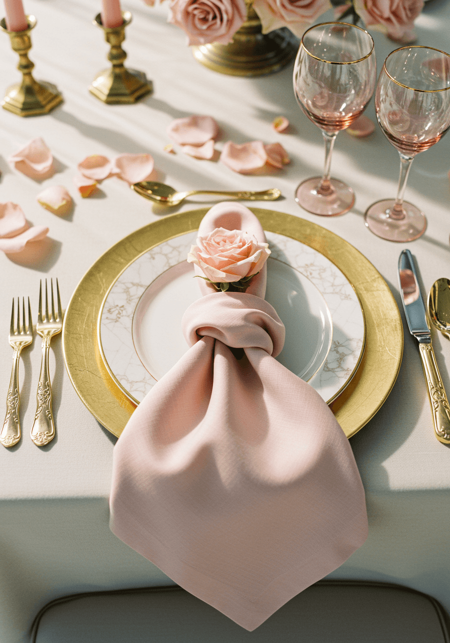 Elegant wedding place setting featuring gold-rimmed plate with blush pink napkin and single pink rose on ivory tablecloth