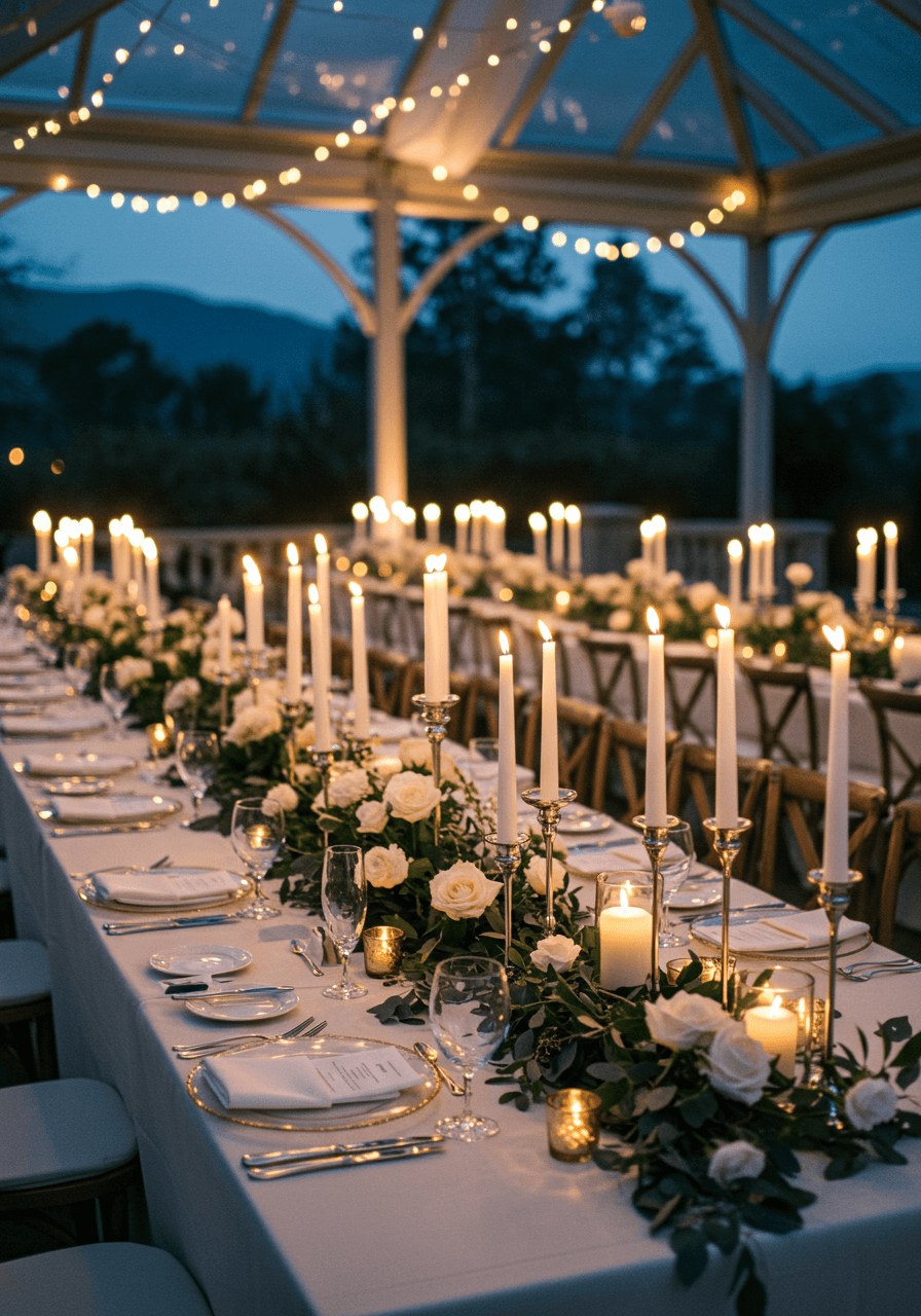 Wide view of candlelit wedding centerpiece with white roses and eucalyptus in dreamy garden setting during blue hour