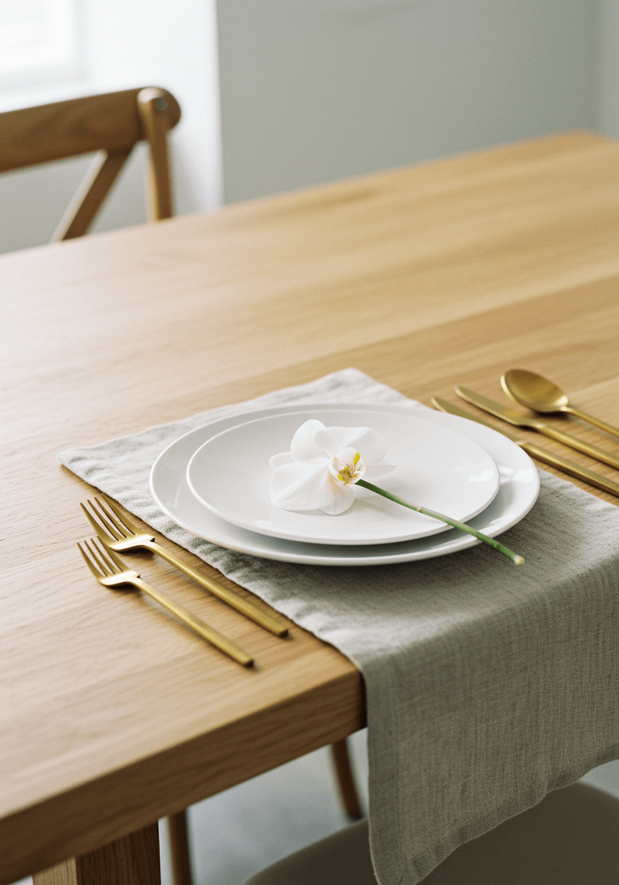 Overhead view of minimalist wedding place setting with white orchid and gold flatware on natural linen in bright studio