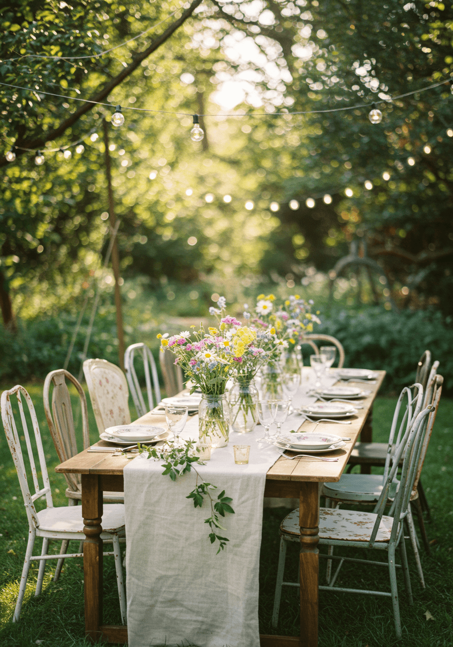 Garden party wedding table with wildflower centerpieces surrounded by vintage mismatched chairs in sunlit garden setting