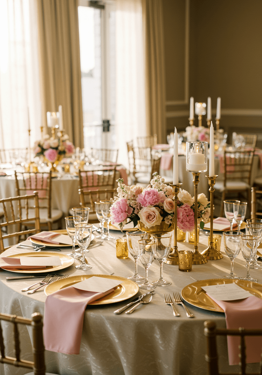 Elegant round wedding table with gold charger plates, blush pink napkins, and tall gold candlesticks in upscale venue during golden hour