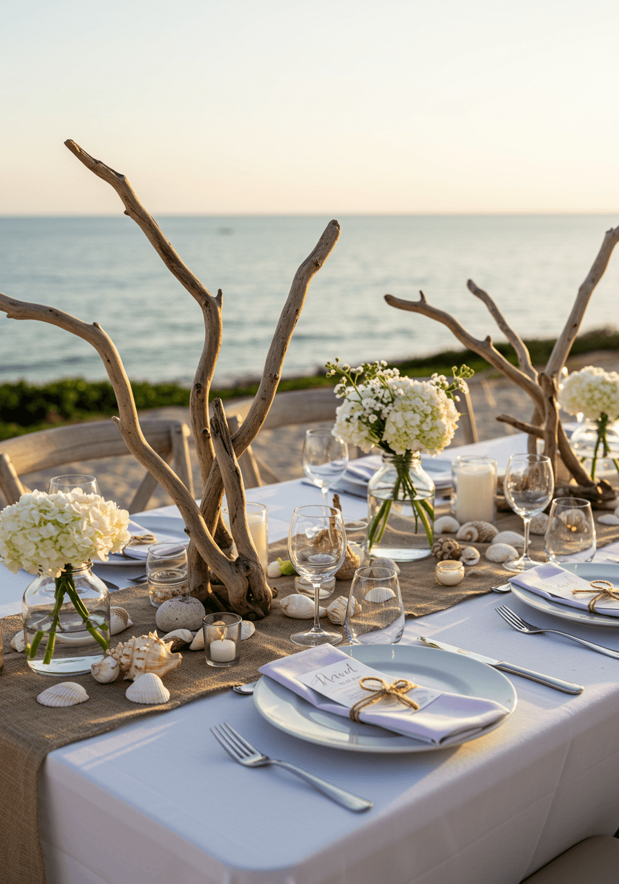 Coastal wedding reception table with natural driftwood centerpieces and seashell place settings overlooking serene ocean during golden hour