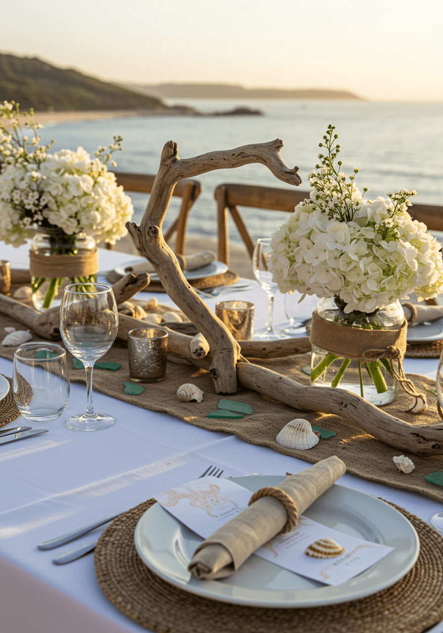 Close-up detail of coastal wedding table decor with sea glass accents, rope napkin rings, and bleached driftwood elements