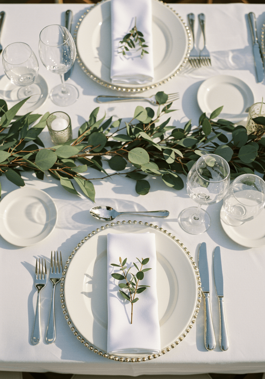 Overhead view of classic white wedding place setting with eucalyptus sprigs as natural accents during golden hour