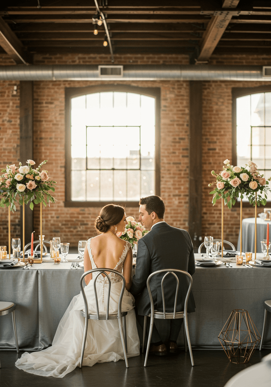 Bride and groom at elegantly set sweetheart table with brushed steel chargers and industrial centerpieces in modern loft venue