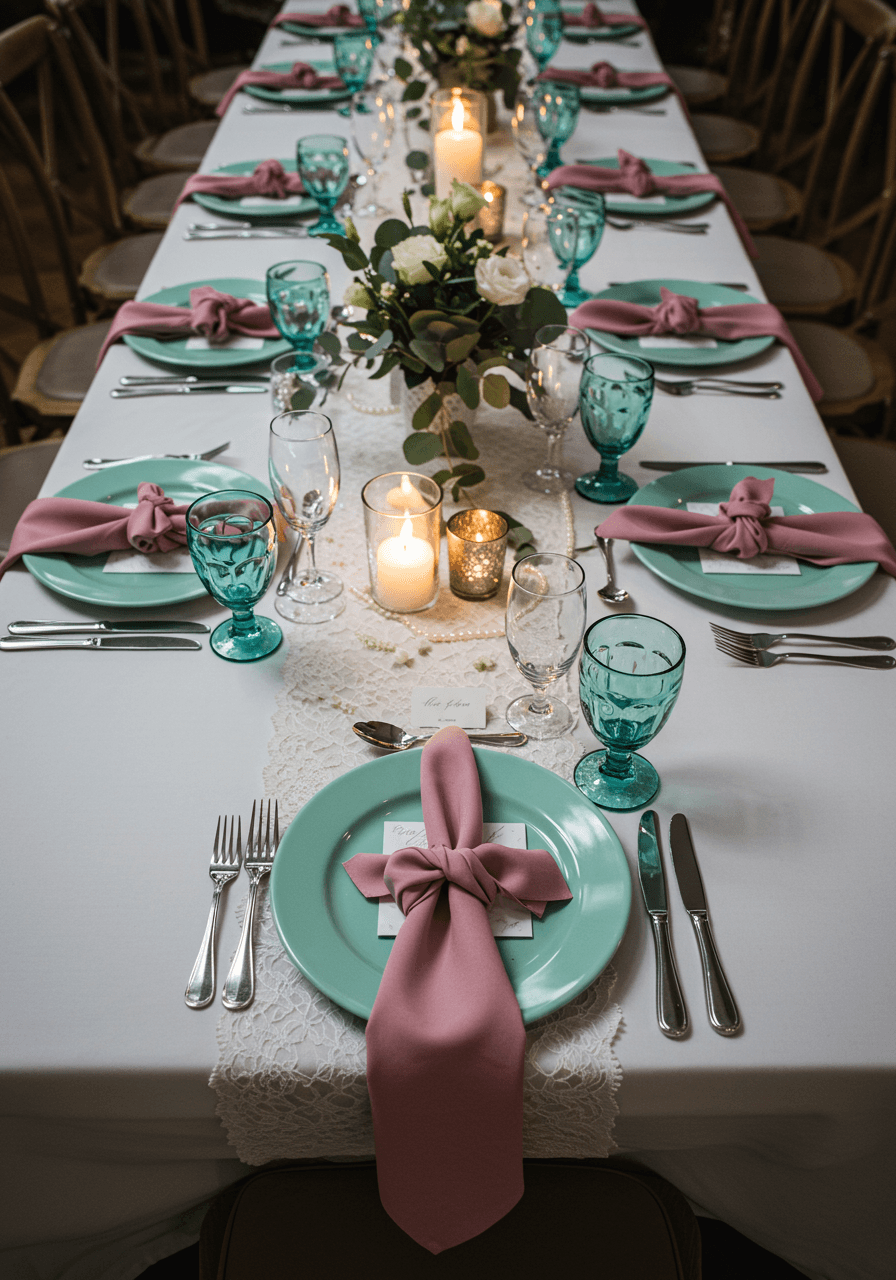 Overhead view of colorful wedding place setting with pearl accents and eucalyptus sprigs on white tablecloth