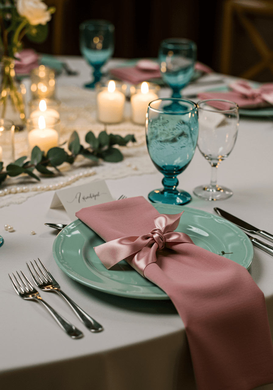 Mint green charger plates with dusty rose napkins and baby blue water glasses in elegant indoor reception hall