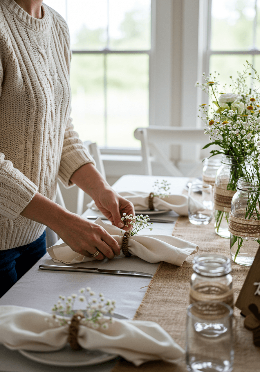 Woman folding ivory linen napkins with handmade twine rings and baby's breath at farmhouse table with wildflower centerpieces