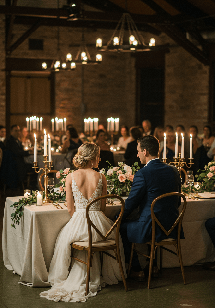 Intimate candlelit wedding reception with bride and groom seated at elegant table with tall taper candles in gold holders
