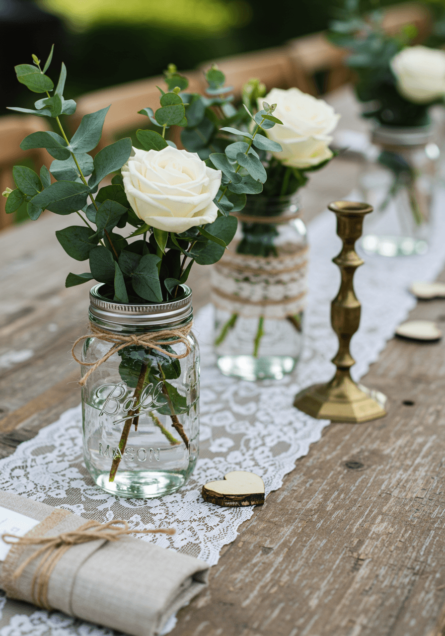 Mason jar centerpieces with eucalyptus sprigs and white roses on weathered wooden table with lace runners in soft afternoon light