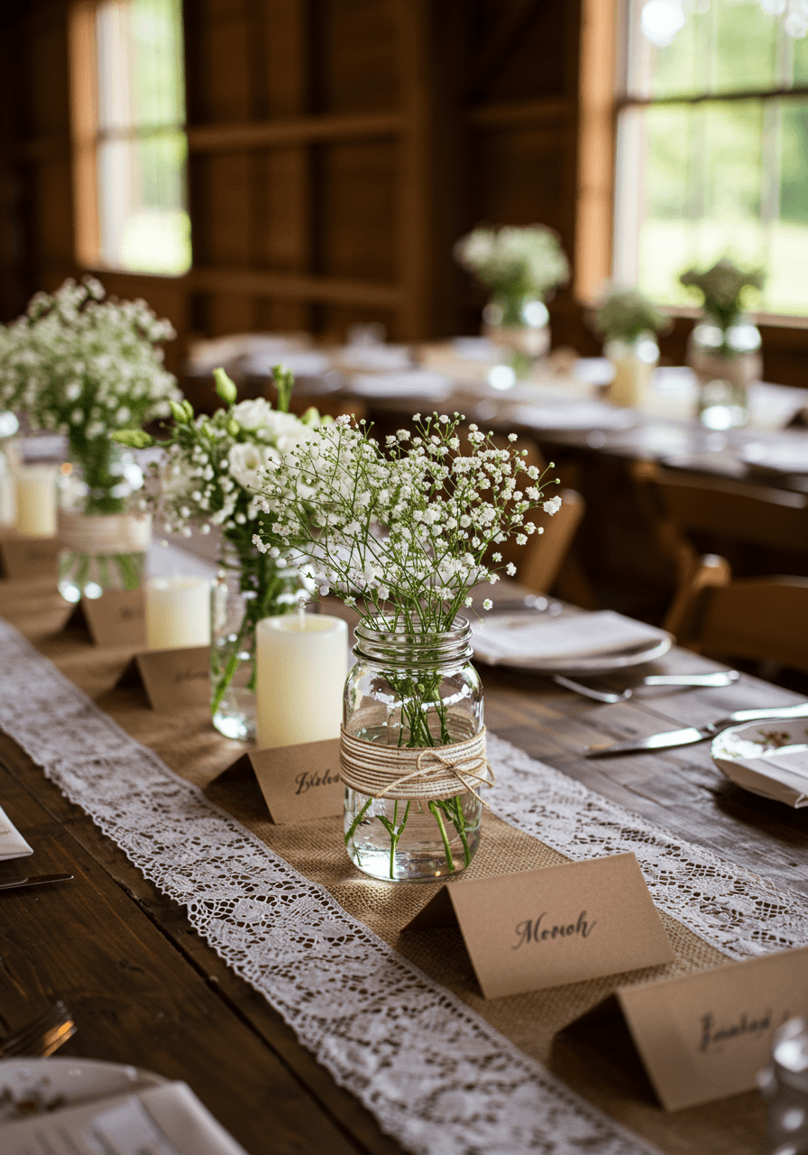 Close-up of kraft paper place cards and vintage china plates with burlap table runner in rustic farmhouse wedding setting