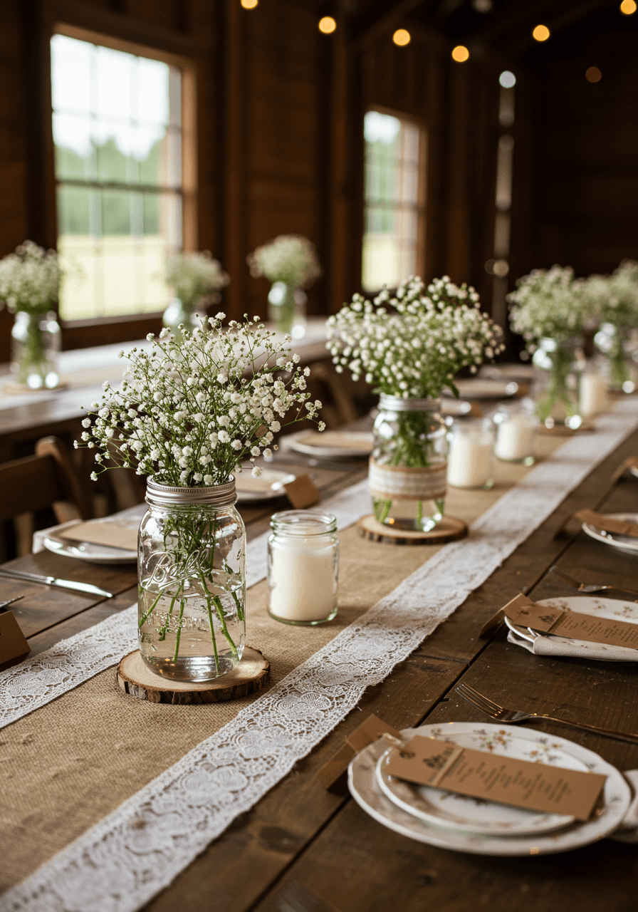 Rustic farmhouse wedding tablescape with mason jar centerpieces filled with white wildflowers and baby's breath on reclaimed wood table during golden hour
